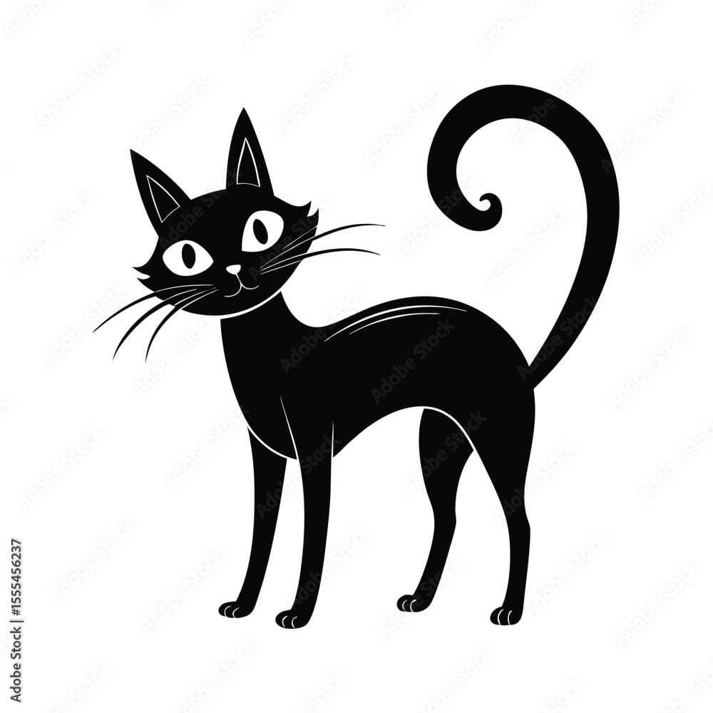 Obraz premium A sleek black cat with a curled tail stands isolated on white background