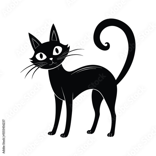 A sleek black cat with a curled tail stands isolated on white background