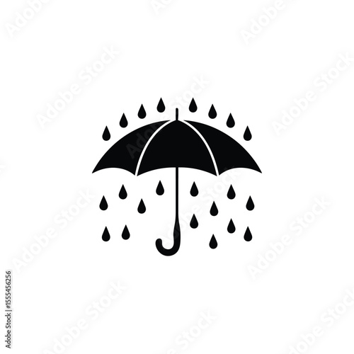 of Black Umbrella Surrounded by Raindrops on a White Background