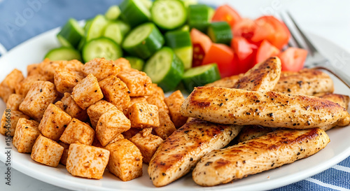 Delicious grilled chicken tenders and cubes served with fresh chopped tomatoes and cucumbers