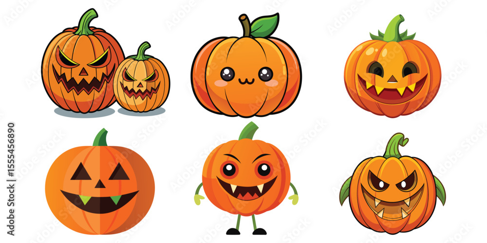 Collection of cartoon halloween pumpkins with various spooky and cute faces isolated on white background Collection of cartoon halloween pumpkins with various spooky and cute faces isolated on white background