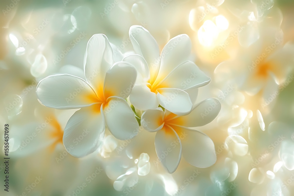 Closeup of delicate white and yellow plumeria flowers with soft bokeh background Closeup of delicate white and yellow plumeria flowers with soft bokeh background