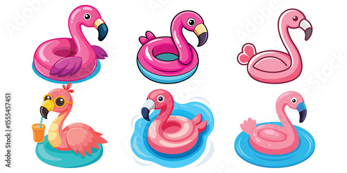 Collection of cute flamingo floats isolated on white background perfect for summer vacation and pool party designs