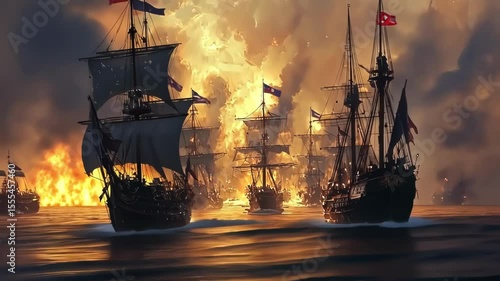 A dramatic naval scene with burning ships and vibrant sky.