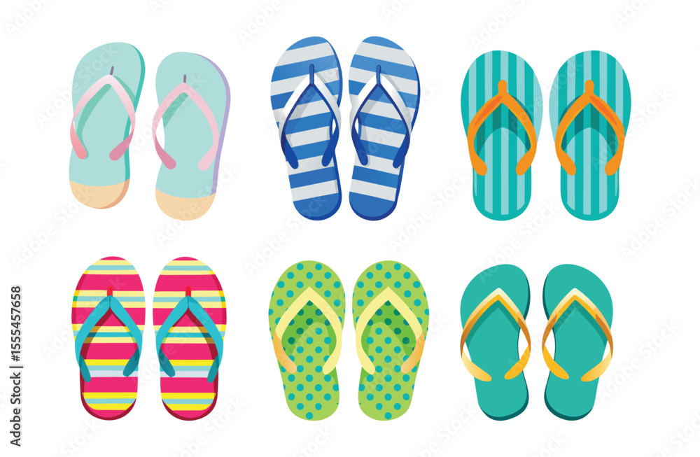 Collection of colorful flipflops isolated on white background with various patterns and designs perfect for summer vacation Collection of colorful flipflops isolated on white background with various patterns and designs perfect for summer vacation