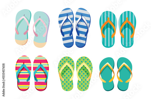 Collection of colorful flipflops isolated on white background with various patterns and designs perfect for summer vacation
