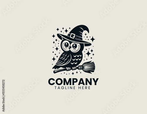 Mystical Owl Witch Familiar Broom Flying Spellbound Fantasy Vector Logo
