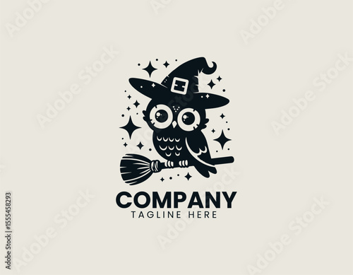 Mystical Owl Witch Familiar Broom Flying Spellbound Fantasy Vector Logo