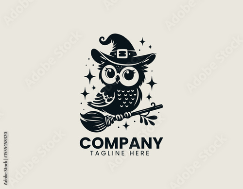 Enchanting Owl Wearing Witch Hat Perched on Broomstick Magical Vector Logo Design