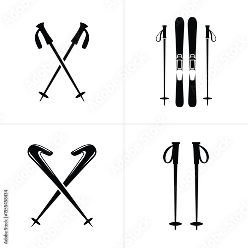 Ski Equipment Black and White Illustration Skis, Ski Poles, Winter Sport Essentials