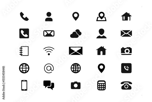 Contact Icon: An organized collection of icons for contact, email, location, mobile phone, house, social media and other essential communication symbol for user's interface.