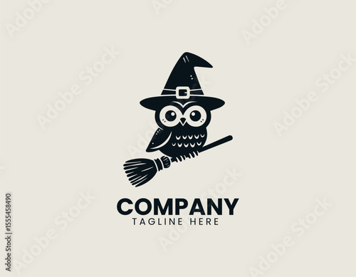 Enchanting Owl Wearing Witch Hat Perched on Broomstick Magical Vector Logo Design