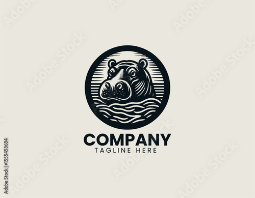 Peaceful Hippopotamus In Water Serene Nature African Wildlife Vector Logo Design