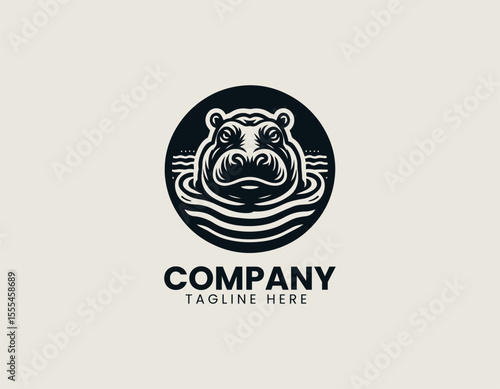 Peaceful Hippopotamus In Water Serene Nature African Wildlife Vector Logo Design