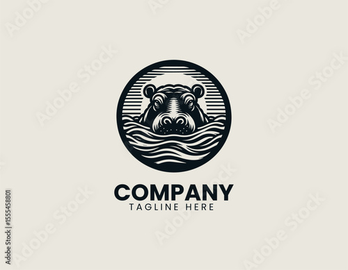 Peaceful Hippopotamus In Water Serene Nature African Wildlife Vector Logo Design