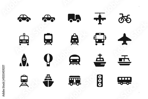 Transportation Icons Collection: A comprehensive collection of minimalist icons representing various modes of transportation, from cars and buses to airplanes and ships.