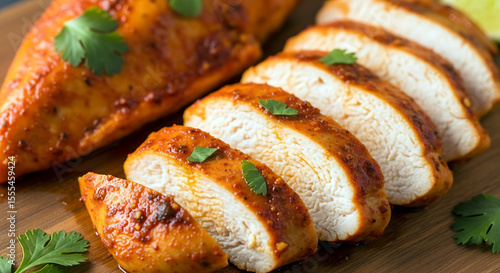 Juicy sliced grilled chicken breast with a spicy glaze and fresh cilantro garnish