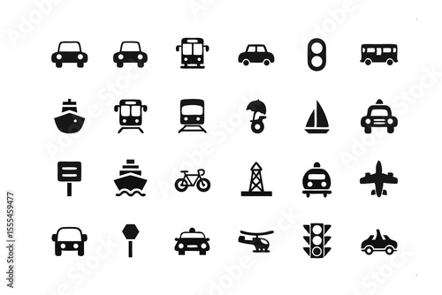 Transportation Icons: A collection of monochrome transportation icons in a simple, clean, and versatile style, depicting various modes of transport in graphic resource.