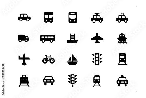 Transport Icons: A collection of illustrative icons representing a variety of transport types, arranged on a plain backdrop. The collection include car, bus, tram, taxi, truck, train, bike, sailboat.