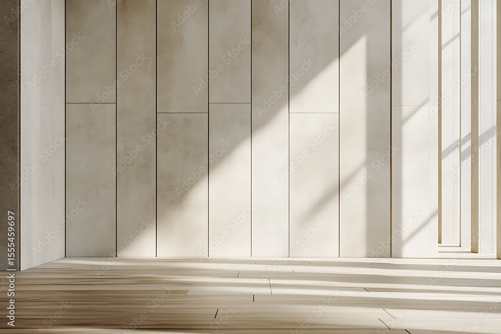Obraz premium Minimalist interior with sunlight casting shadows across panelled wall and wooden floor