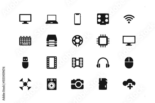 Tech Icons Collection: A curated set of sleek, monochrome icons representing the core elements of modern technology and connectivity. Clean and simple.