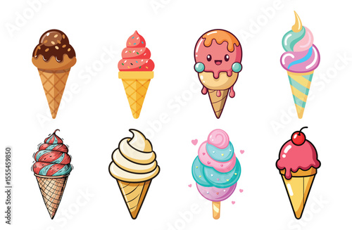 Colorful cartoon ice cream cones isolated on white background showcasing a variety of sweet summer desserts