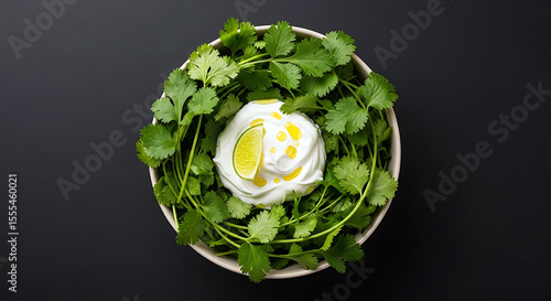 Fresh cilantro and creamy dip with lime and olive oil drizzle