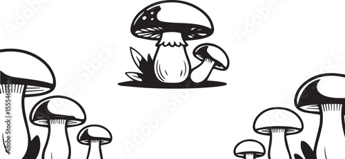 Black and white illustration featuring mushrooms in a stylized, graphic design