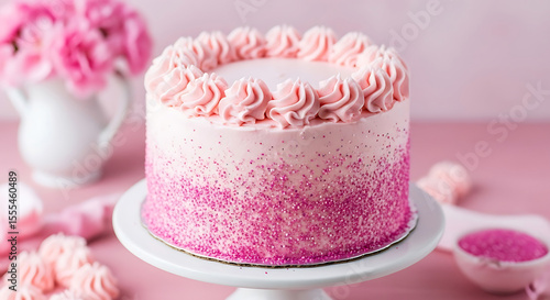 Beautiful pink frosted cake with sprinkles and floral decorations on a stand