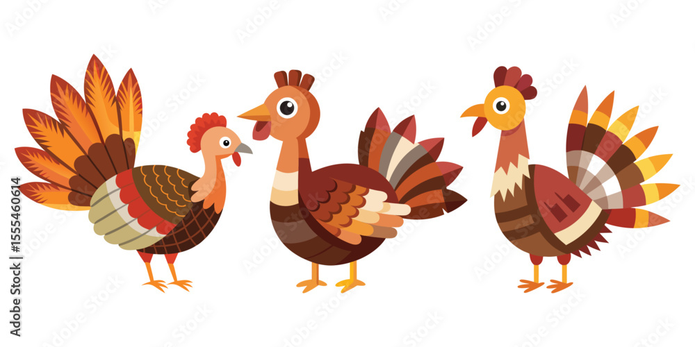 Obraz premium Three cartoon thanksgiving turkeys stand proudly with colorful feathers isolated on white background