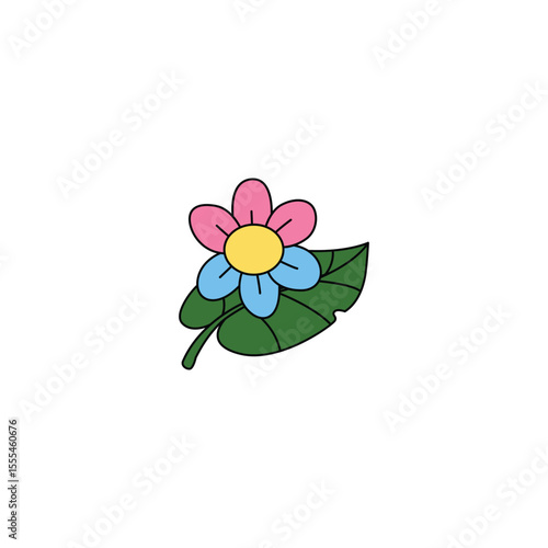 An icon of a pink and blue flower with a large green leaf, symbolizing natural beauty, vibrant colors, and the completeness of plant elements.