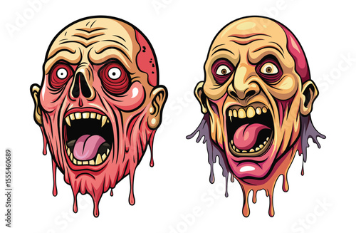 Two grotesque zombie heads with open mouths and decaying features isolated on white background