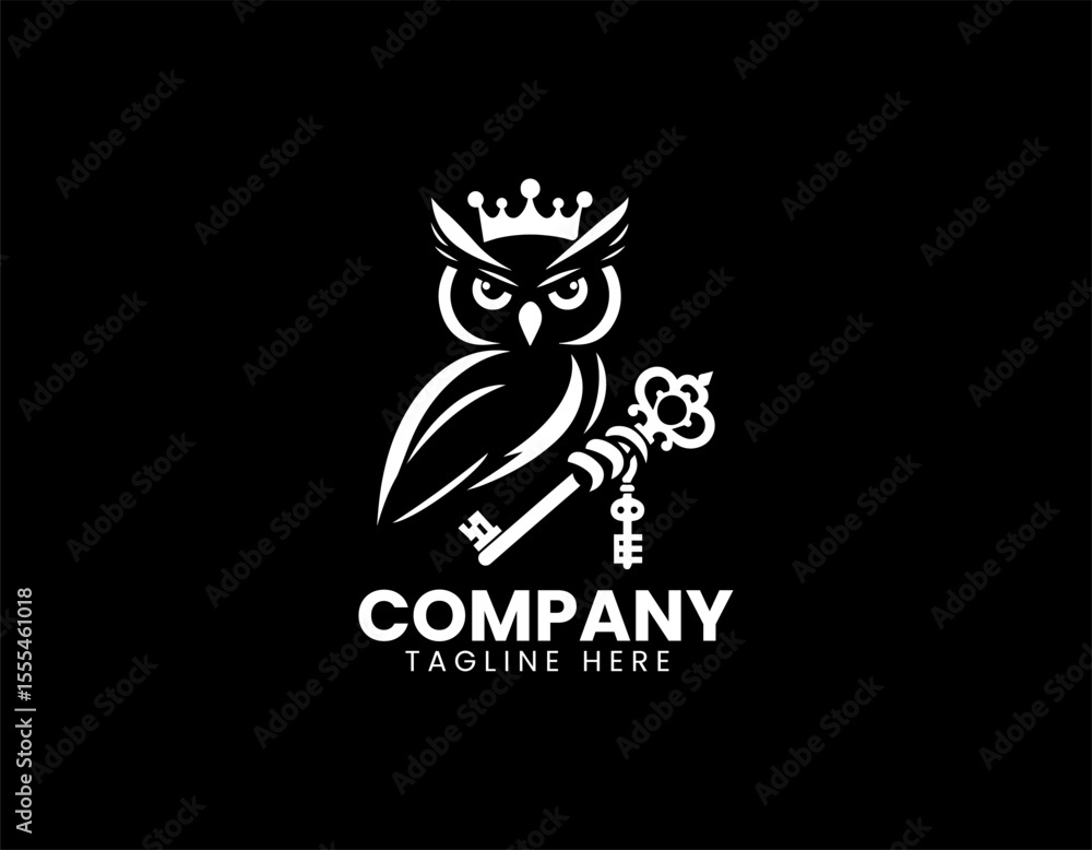 Fototapeta premium Wise Owl With Crown Holding Key Ancient Knowledge Royal Wisdom Vector Logo Design