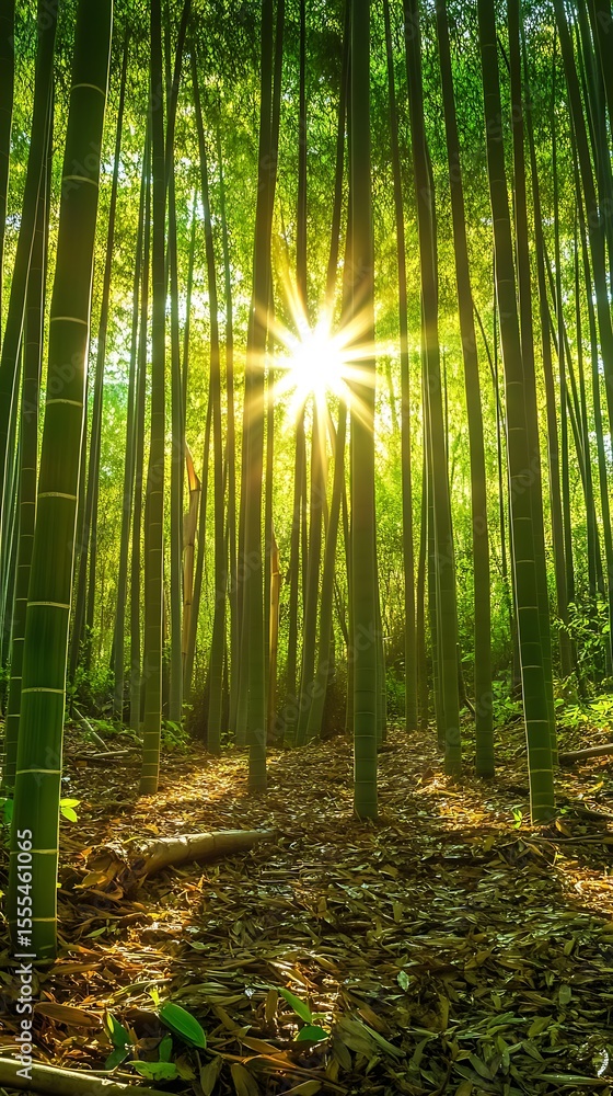 Fototapeta premium Sunburst through lush bamboo forest with leaves covering the ground illuminated with sunlight
