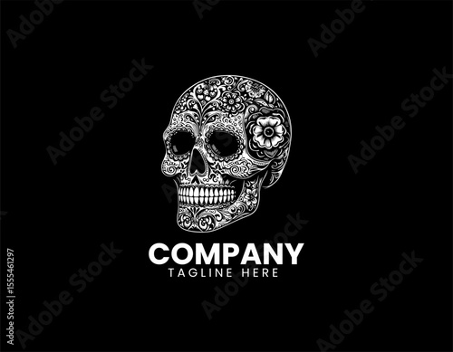 Elegant Skull with Floral Motif Mysterious Beauty Nature's Cycle Vector Logo Design