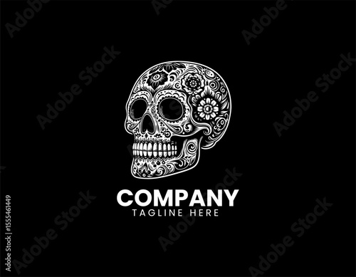 Elegant Skull with Floral Motif Mysterious Beauty Nature's Cycle Vector Logo Design