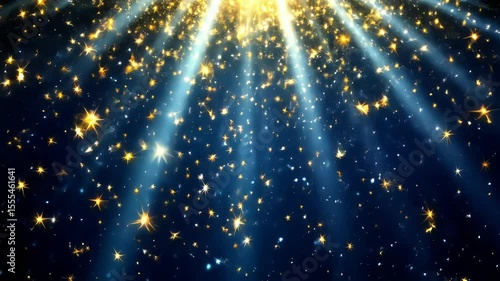 shining gold stars and glitter particles falling on a dark blue celebration background