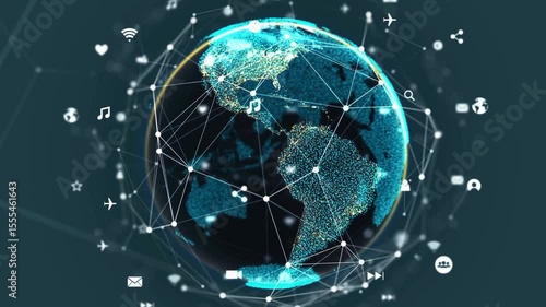 Connected world Digital globe with shining continents and network of icons symbolizing global