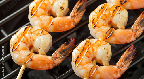 Delicious grilled shrimp skewers with char marks on a dark grill