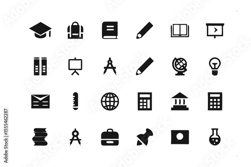 Education Icon Set: A visually appealing collection of education icons, artfully designed to represent essential elements of learning. These versatile symbols are perfect for educational materials.