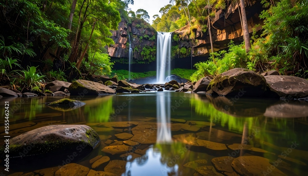 Naklejka premium Scenic Waterfall Cascading into Reflective Pool in Lush with Green Forest.