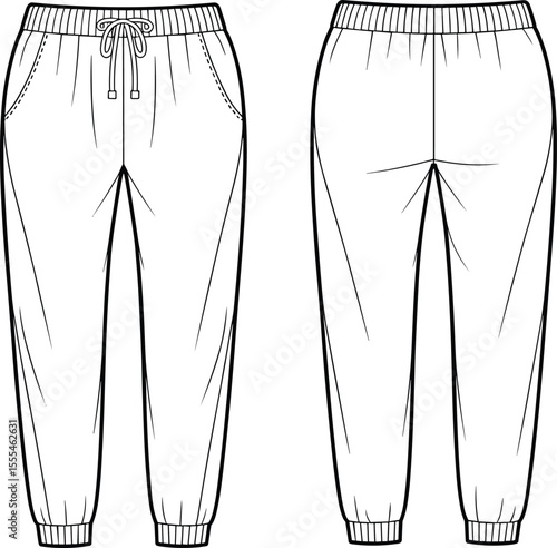 CAD drawing flat vector illustration of jogger pants front and back view, fashion technical sketch for casual activewear design