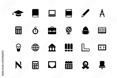 Black and White Educational Icons: A carefully curated collection of black and white educational icons. Perfect for representing knowledge, learning, and academic pursuits.