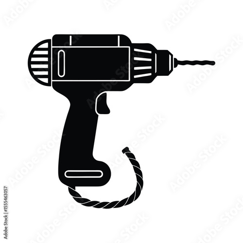 Dynamic silhouette of a power drill with a visible cord and spinning bit in action representing construction and diy projects