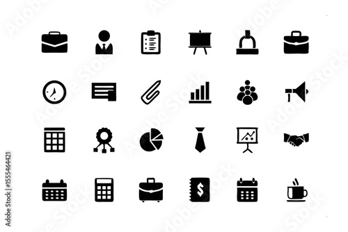 Business Icon Set: A meticulously crafted assortment of business-related icons. The icons encompass a range of subjects