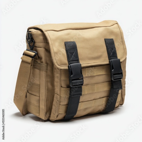 Durable tan messenger bag with molle system and quick release buckles on white background