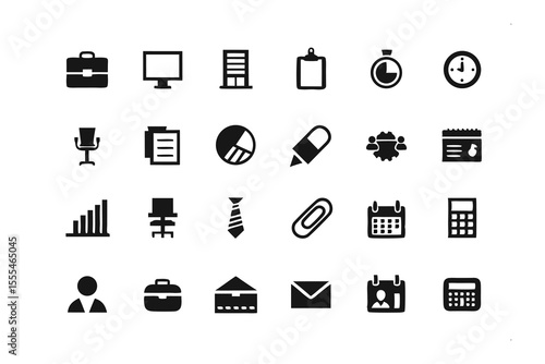 Simplified Office Icon Array: A collection of minimalist, black icons, neatly arranged on a flat surface. each icon represents a staple in the modern office.