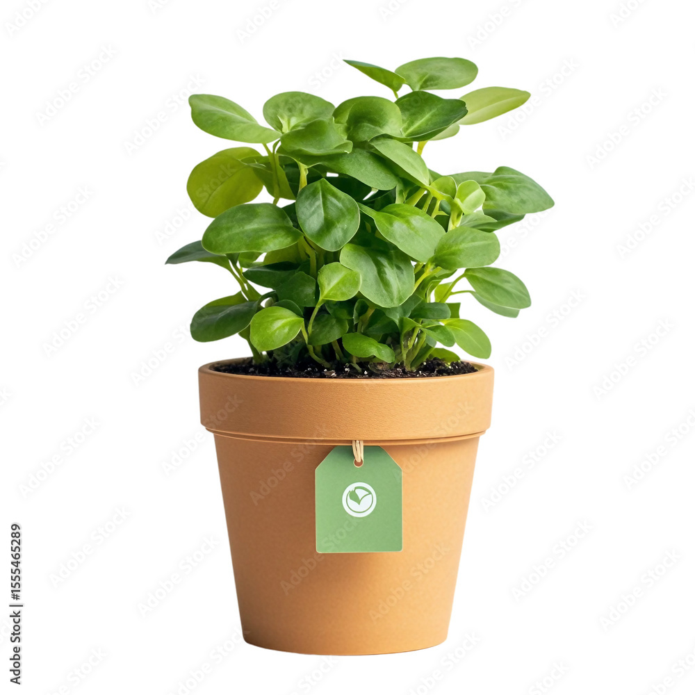 Fototapeta premium Biodegradable Brown Flower Pot with Green Plant and Eco Tag.