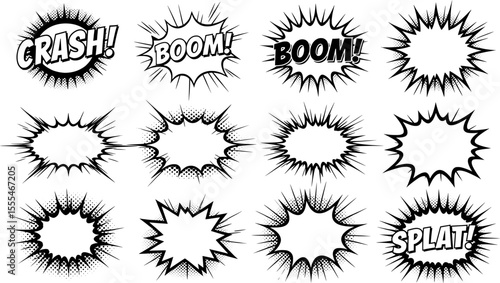 A collection of twelve diverse comic book-style speech bubbles, featuring various shapes and impact words.