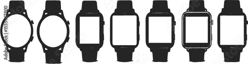 A collection of smartwatches with various shapes and blank screens.